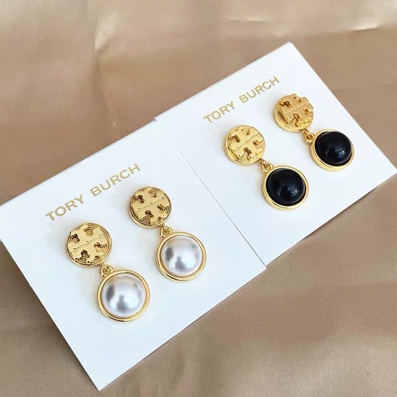 Tory Burch Gold Logo Pearl Drop Earrings - Picture 5 of 8